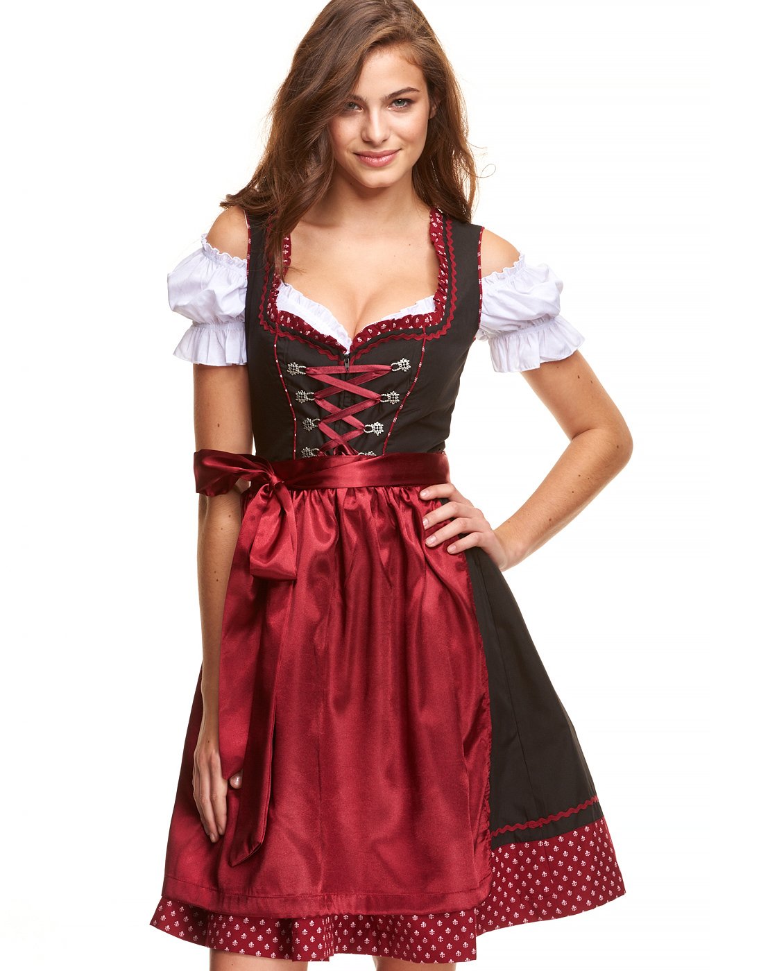 Dirndl Damen Midi Set 3 teilig mit Bluse und Schürze I Trachtenkleid Damen 3 TLG in Schwarz Kombination von Gr 34 bis 46 KF101