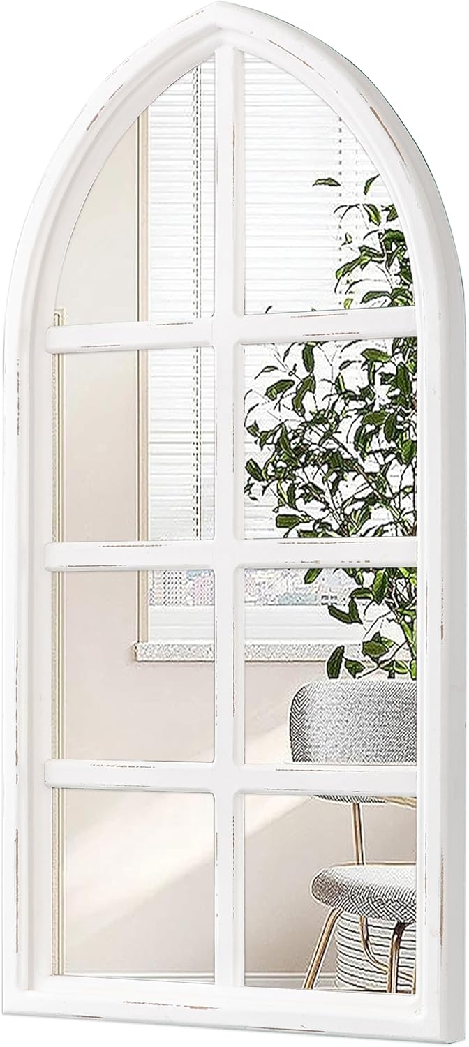 Rustic Arched Window Mirrors for Wall Decor Living Room 18 X 36 Inch, Hanging Distressed White Cathedral Window Pane Mirror, Farmhouse Wood Framed Wall Mirrors Decorative for Hallway Style2