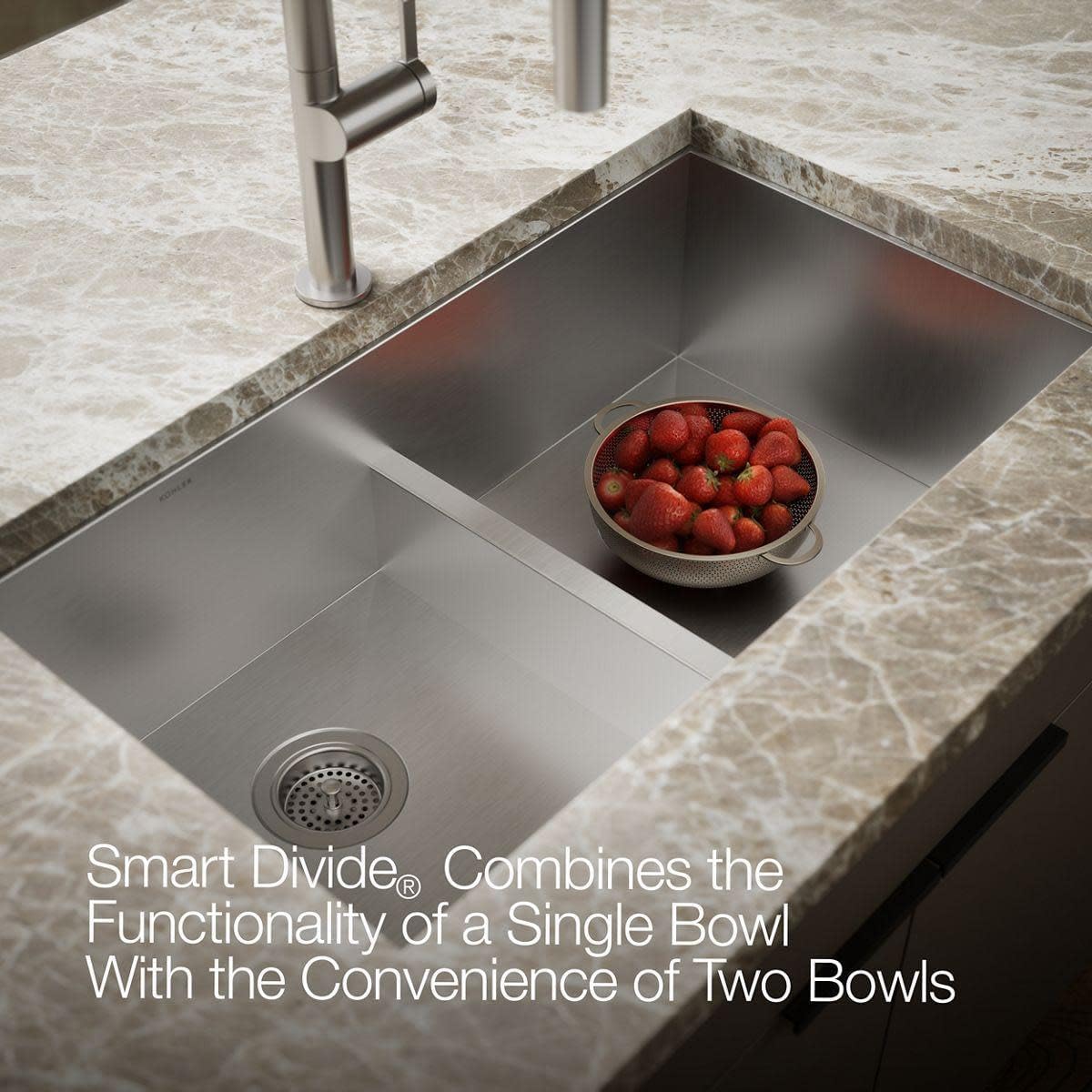 KOHLER Vault(TM) 33" x 22" x 9-5/16" Smart Divide(R) top-/under-mount double-equal bowl kitchen sink with 3 faucet holes