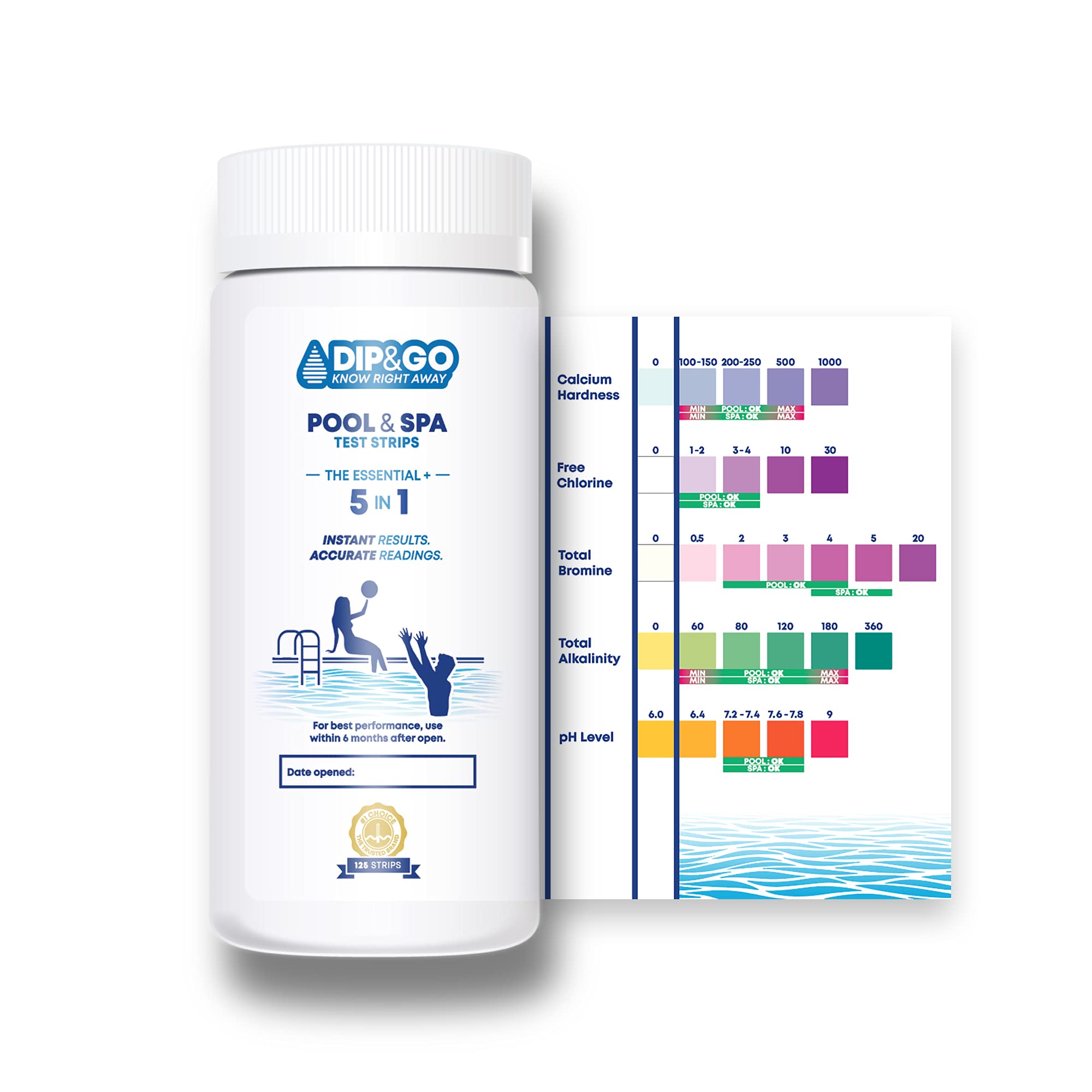 DIP&GO Pool Water Test Strips, Professional 7-5-3 Parameters Testing, 125 Strips. Pool, Spa and Hot-tub. Reliable Chlorine, Bromine, Alkalinity, pH, Hardness and CYA (Essential Plus 5-in-1)