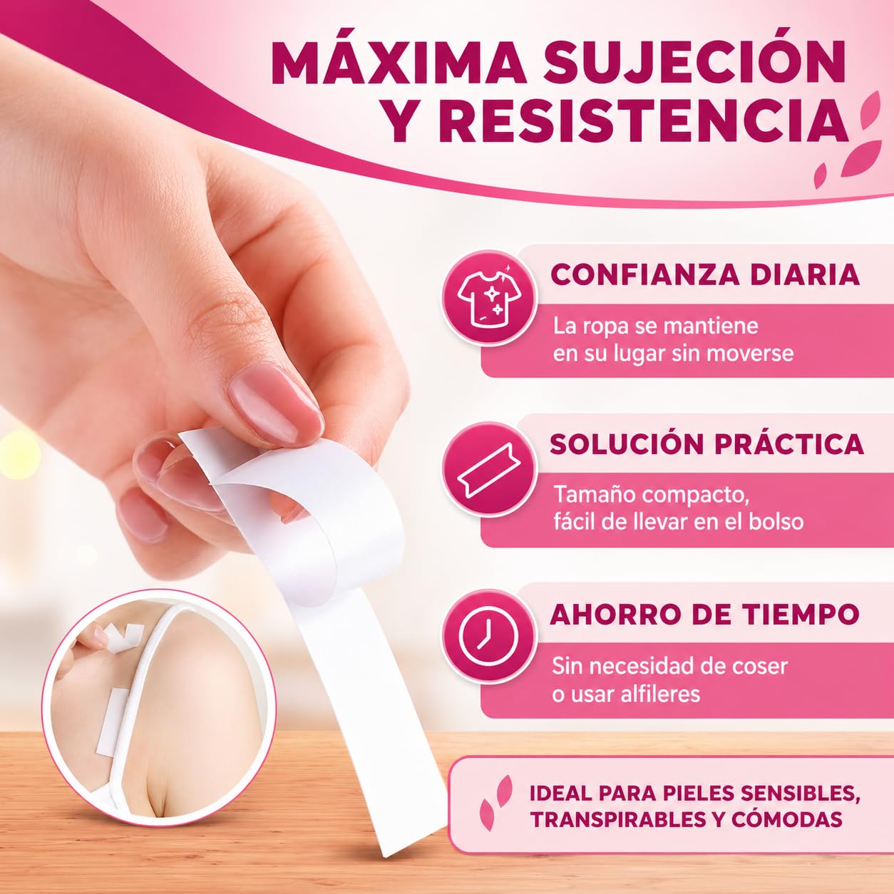 Cinta Doble Cara Invisible Adhesivo Natural Extrafuerte Resistente al Sudor Hipoalergénica para Ropa y Piel Sin Daños Sin Residuos