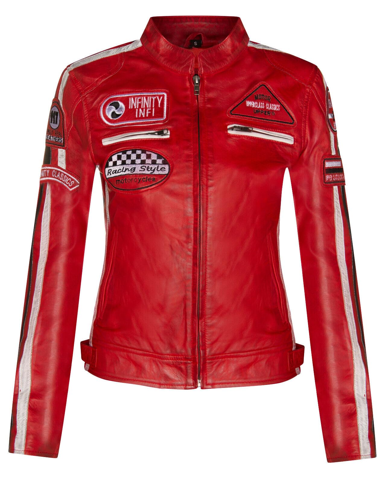 Infinity Leather Women's Red Leather Biker Racing Badges Jacket-Agadir In Size 10