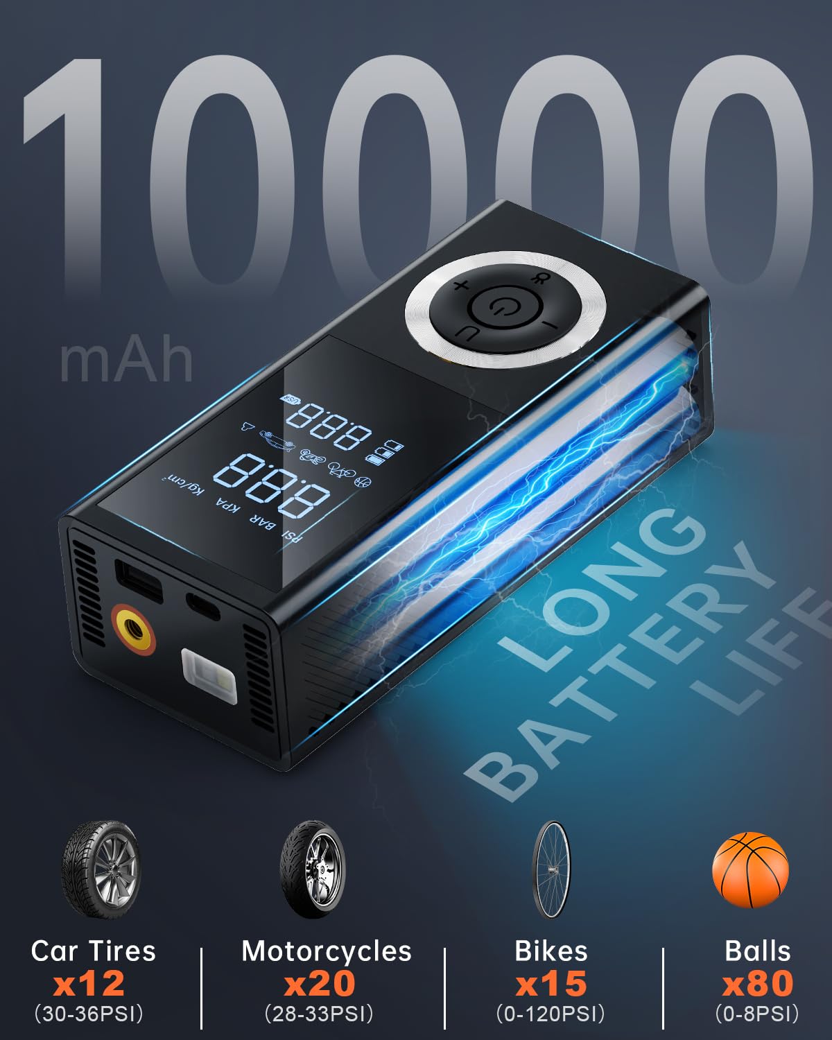 Reifenfüller, tragbarer Luftkompressor, kabellos, mit 10000 mAh Akku, Dual-Power, 3 Lichtmodi, schnelles Typ-C-Aufladen, intelligente Luftpumpe für Auto