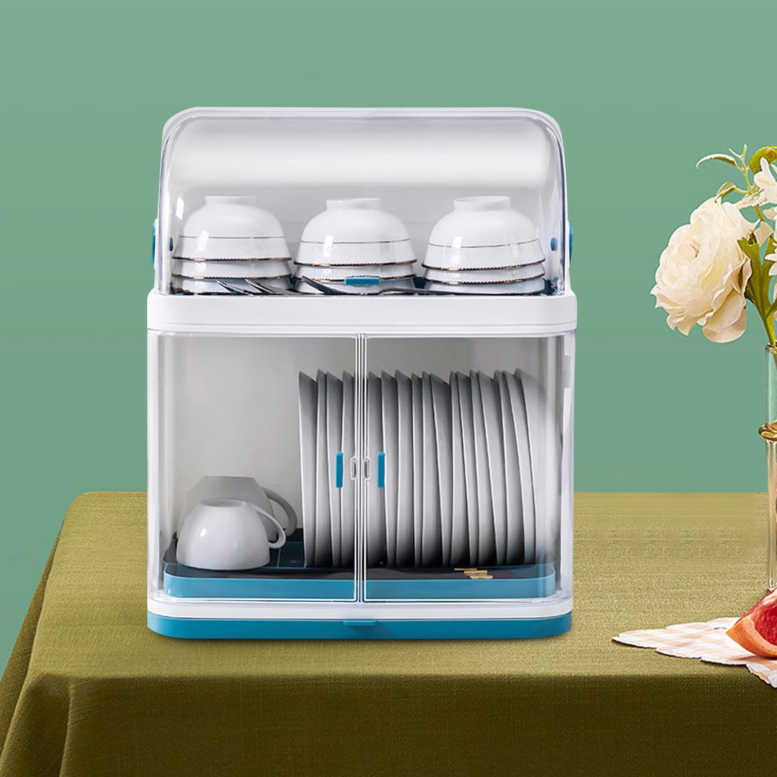 JooWing 2 Layer Dish Drying Rack and Drain Board with Drain Board Lid Cover Kitchen Dish Drainer with a dust-Proof partition, Dish Drainer with Utensil, Cup, Glass, Bottle Drying Storage Box