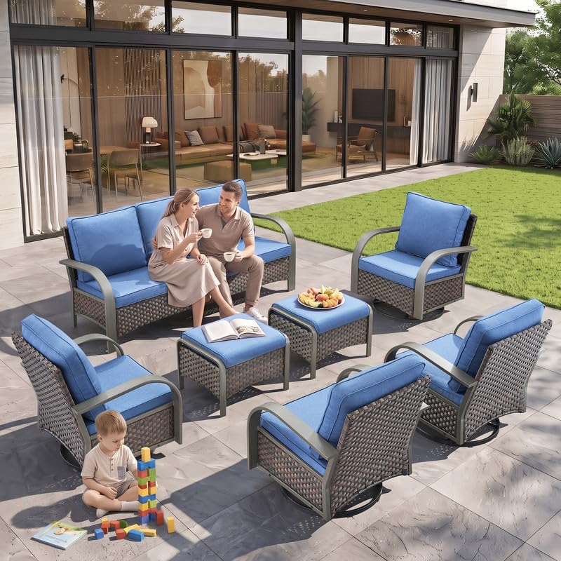 Image of Rilyson 3 Seat Outdoor Wicker Couch, Rattan Patio Sofa with Blue Cushions | Metal Armrest, High Back and Deep Seating, Water-Resistant, Fade-Resistant, Removable Cover, Stain-Resistant