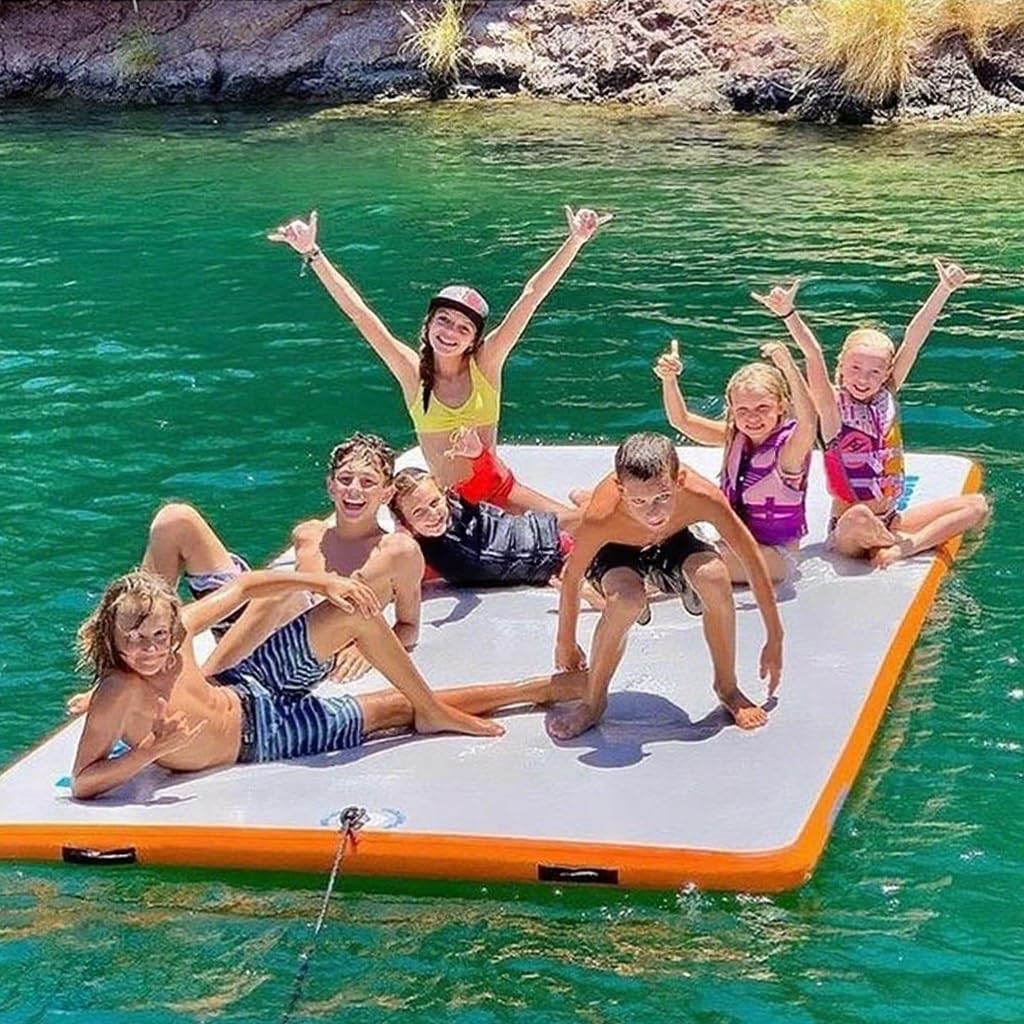 Piattaforma galleggiante gonfiabile, ampia base per acqua con superficie antiscivolo, scala rimovibile, pompa ad aria per piscina e spiaggia