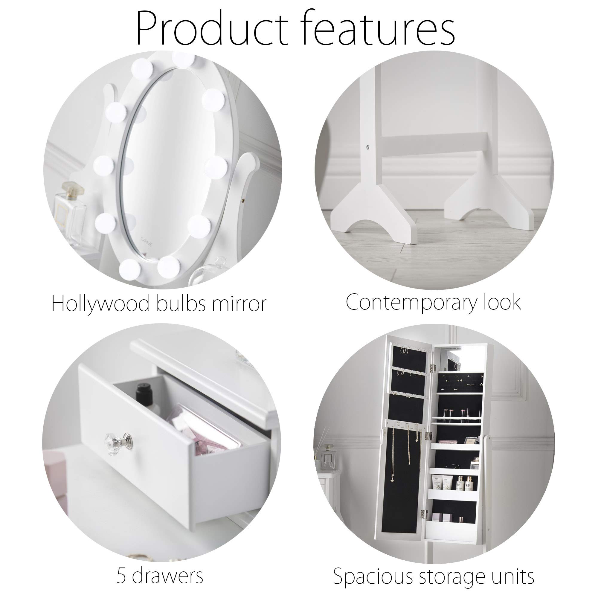 Buy CARME White Dressing Table with Hollywood Mirror & Jewellery