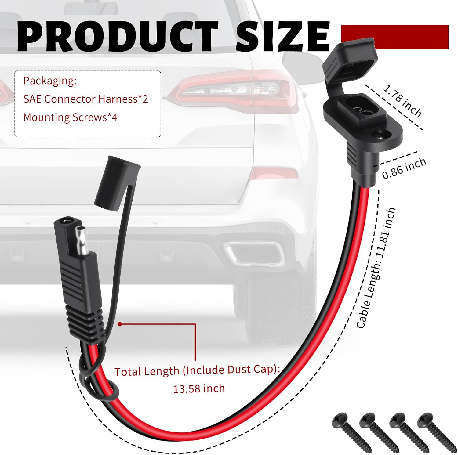 2PCS 0.98Ft SAE Quick Connector Harness with Dust Cap,12AWG 12V Quick Connect Plug with Male Plug to Female Socket,SAE Plugs Kit with Mounting Screws for Battery Charger,Solar Panel
