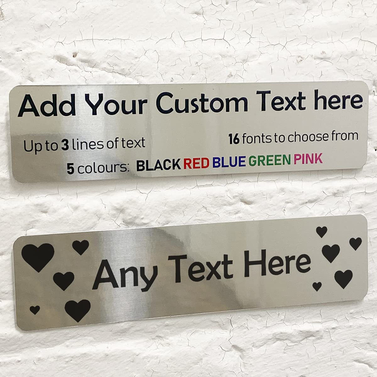 ShopQuality4U Personalised Mirror Aluminium Metal Plaque Bespoke Sign Childs Bedroom Door Custom Text - D5 Hearts (20 x 5 cm, 7.8 x 2 inches)