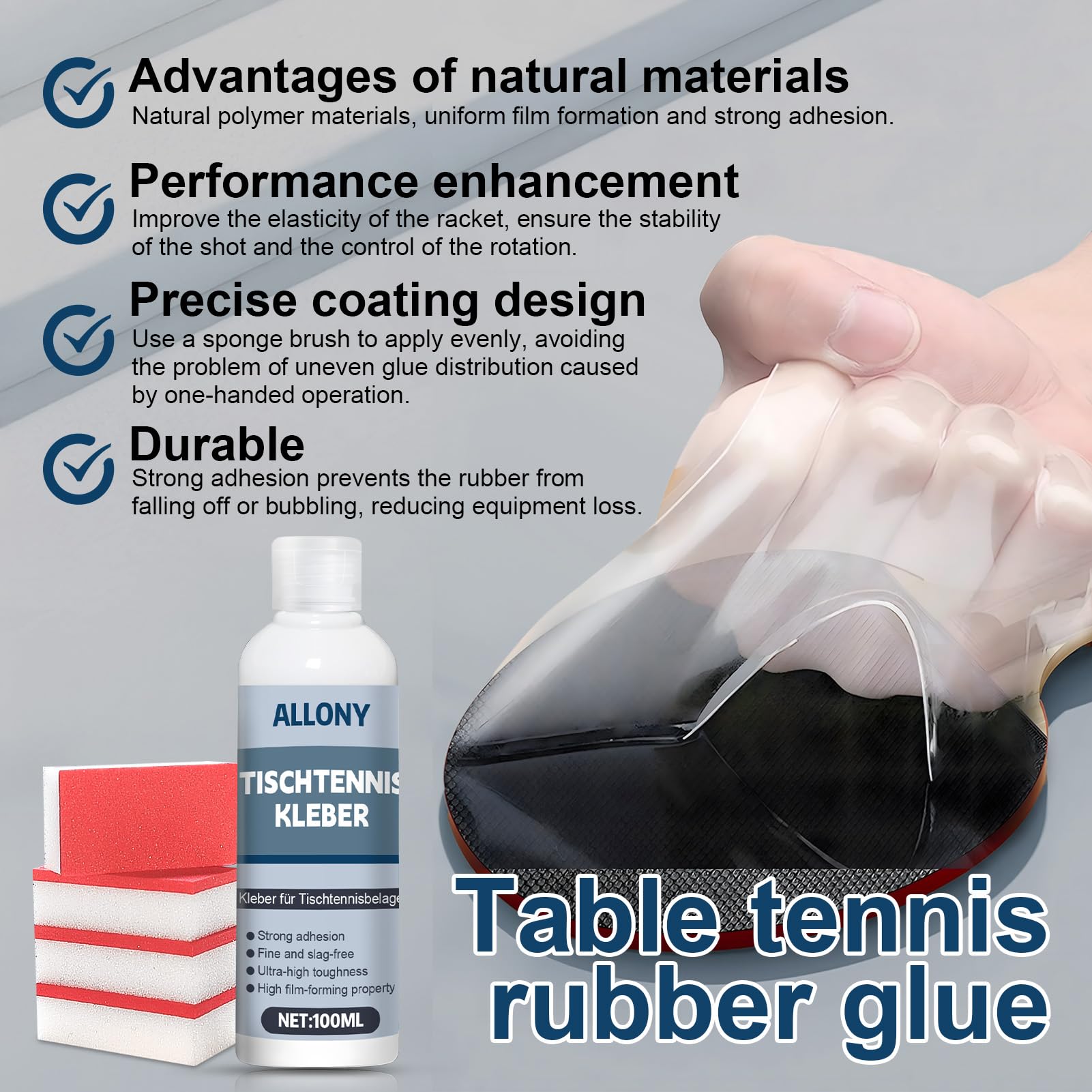 Allony Pegamento de Ping Pong, Pegamento para Raquetas Tenis Mesa, Adhsivo de Tenis de Mesa, Con Cepillo de Esponja, Rápida Formación de Película, Fácil de Usar -100 ml