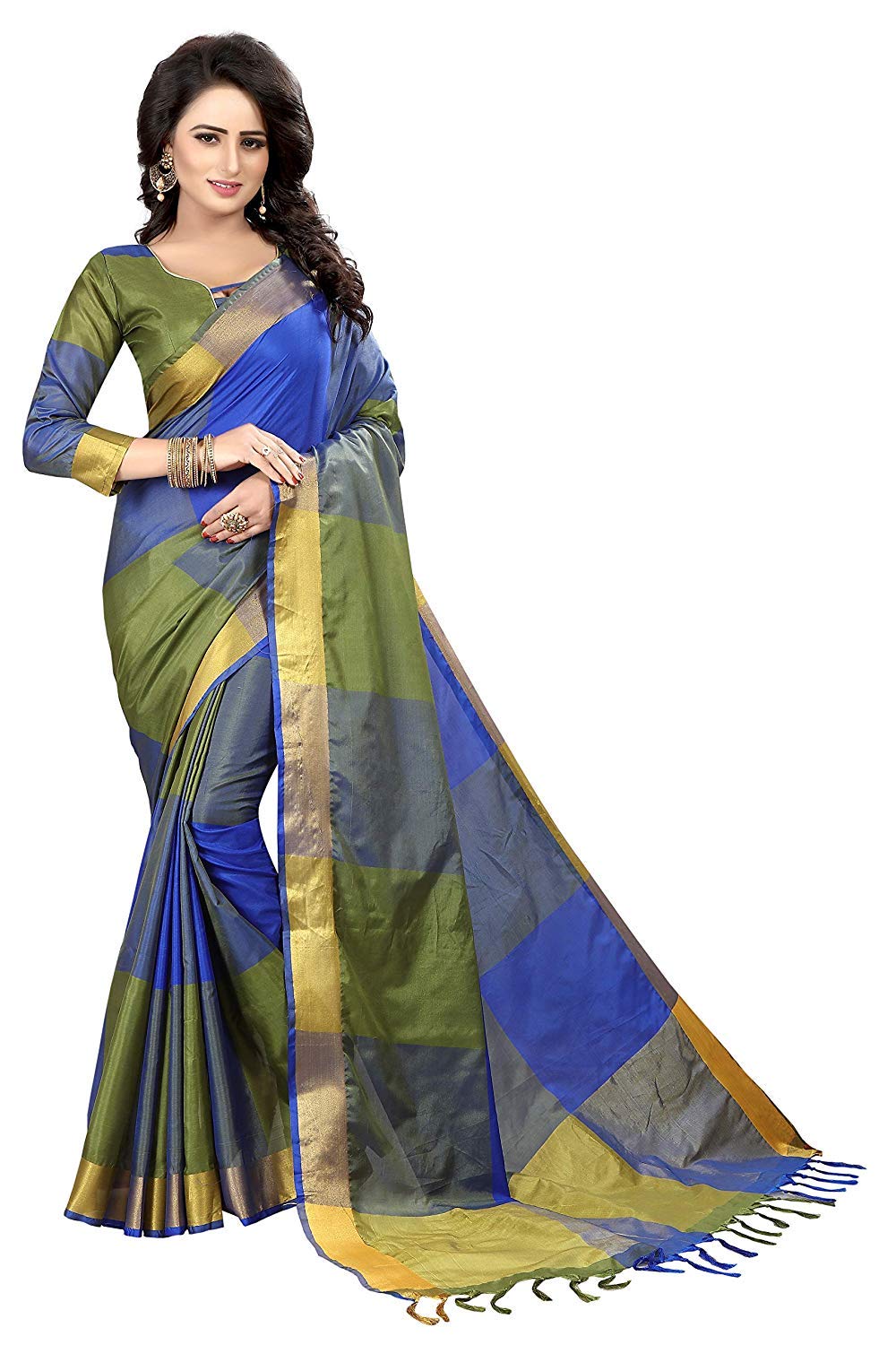 DHRUVI TRENDZWomen's Soft Cotton Silk Un-Stitched Saree with Blouse Piece Material, Green, One Size