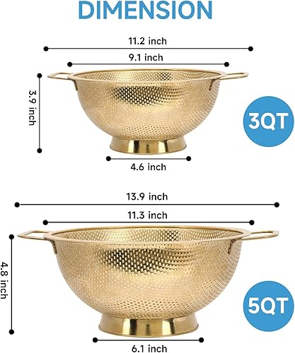 Miniatura 3 de Colador dorado para cocina, 3 cuartos de galón, colador de acero inoxidable con asa para frutas, verduras, cocinar alimentos, apto para lavavajillas