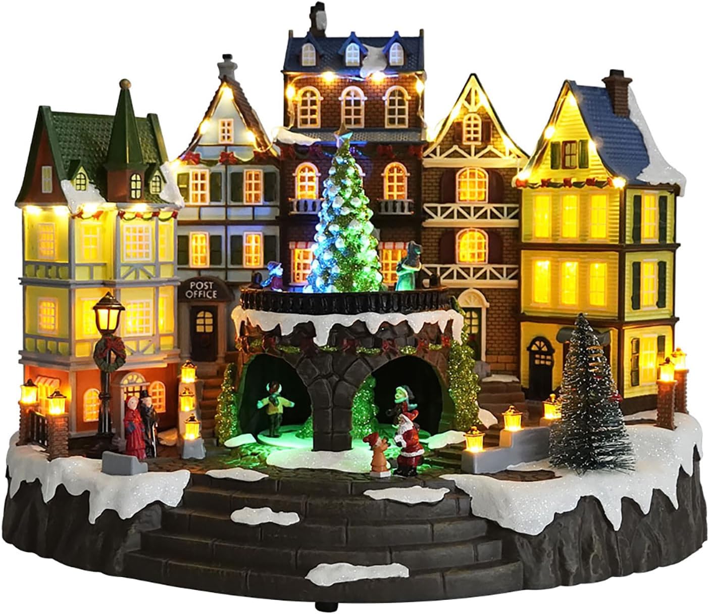 Light Up Christmas Village Houses Set - LED Electric Ornaments with Snow Cover, Rotating Trees & Skaters - Festive Holiday Scene Decor for Home and Office