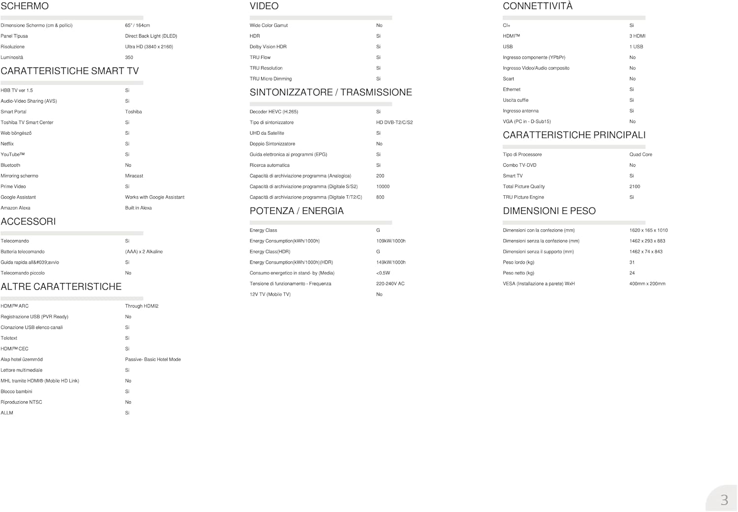 Toshiba Smart TV 65 Ultra HD 65UK3163DA, TV 4K 65 Pollici con Alexa Integrata, Compatibile con Alexa e Google Assistant, Digitale DVB-T2, LED, Dolby Vision HDR10, Dolby Atmos