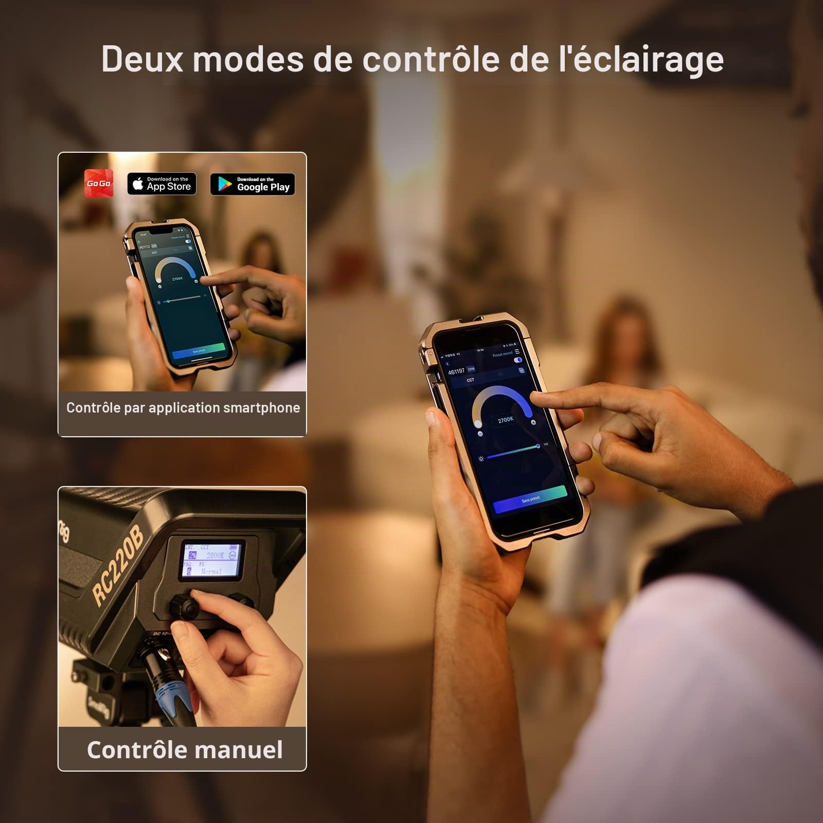 SMALLRIG 220W COB Video Light, Bicolore 2700K-6500K 84500Lux Continuous Output Light avec 9 Effets d'Eclairage, CRI 95+ Bowens Mount Light avec 2 Méthodes d'alimentation App Control, RC 220B - 3621
