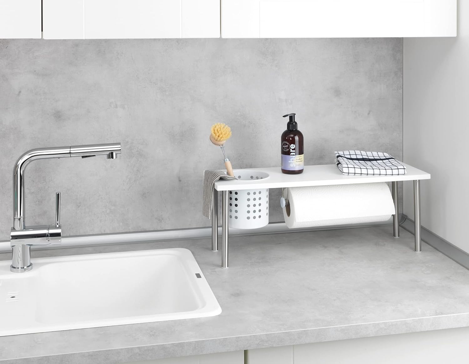 WENKO Universal Blanco Shelf Kitchen Roll and Utensil Holder, Engineered Wood, White, 55 x 21 x 18 cm