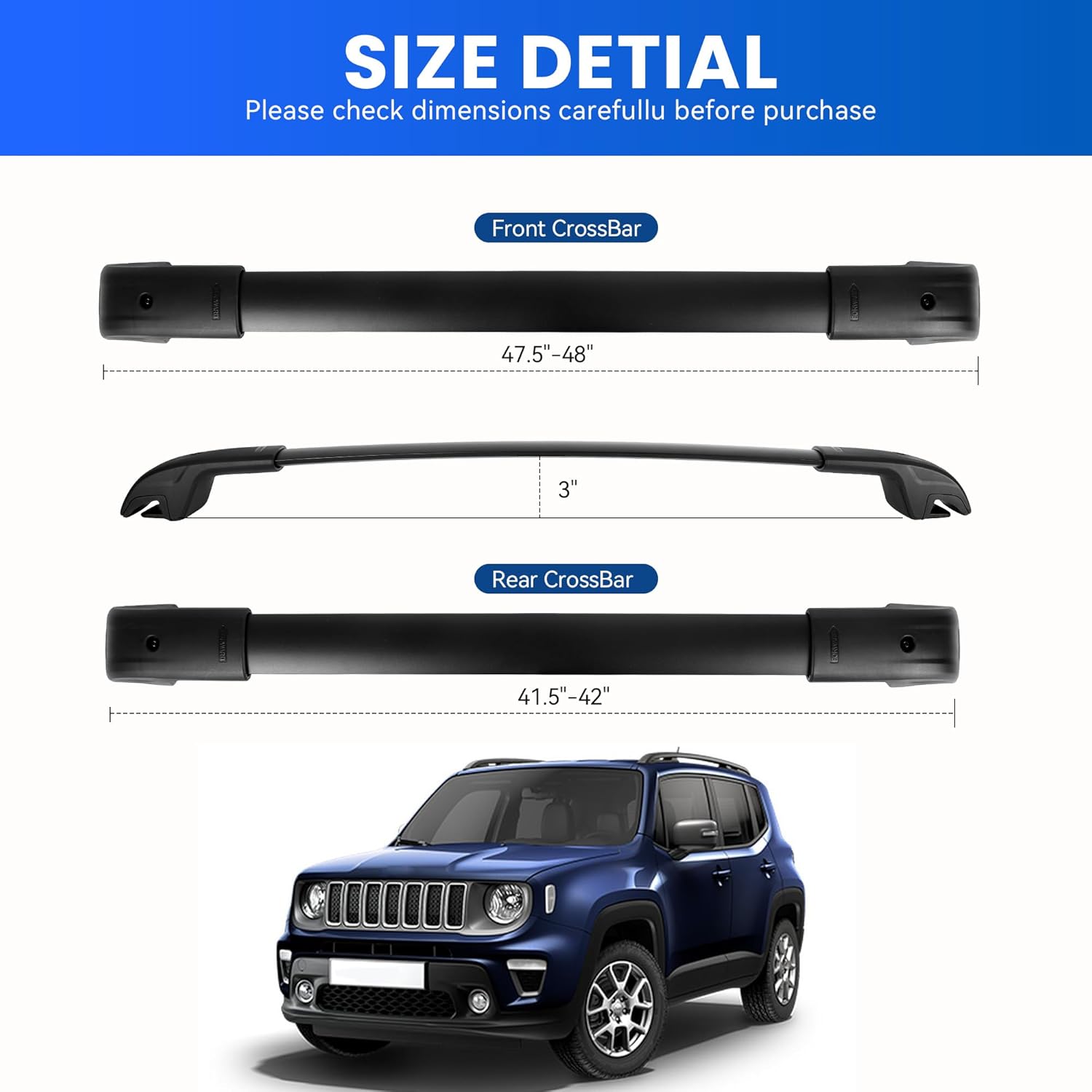 Roof Rack Crossbars Compatible with 2015-2024 Renegade with Side Rails, Black Matte Crossbars for Roof Cargo, Canoe Kayak, Bike, Skiboard
