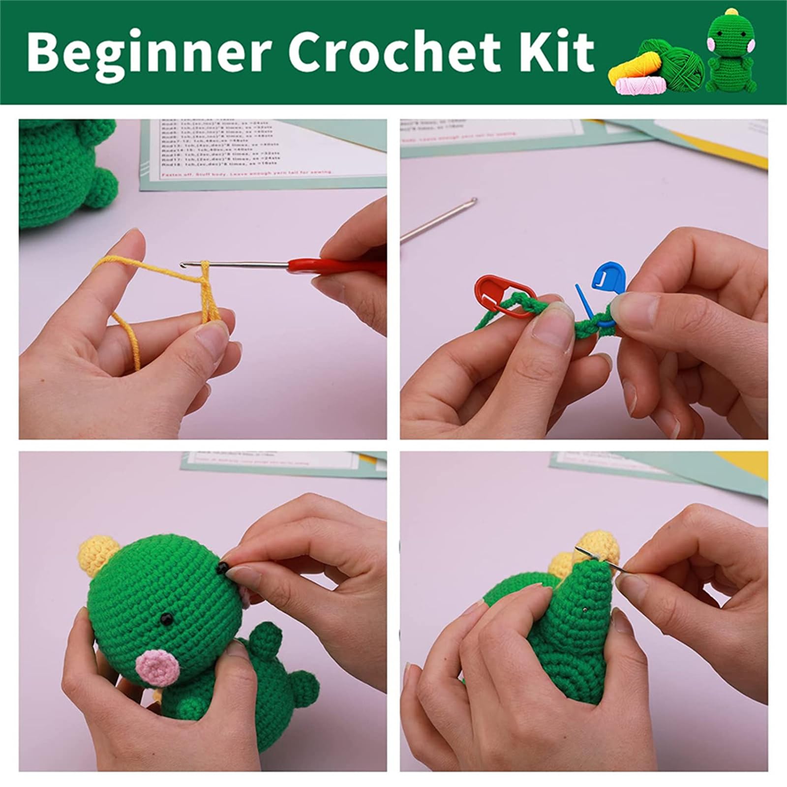 Kit Débutant Crochet Dragon – Comprend Fil, Crochet, Aiguille, Yeux, Rembourrage – Taille Finie Environ 16x12 Cm