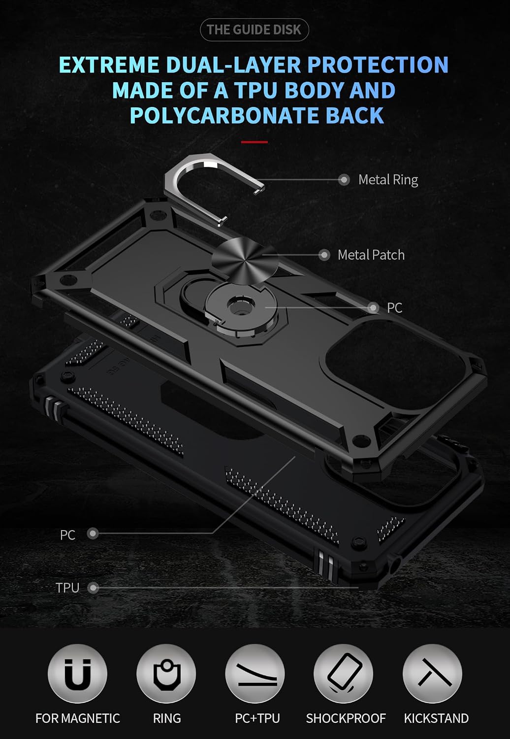 Case Compatible with Oppo Reno2 Z [Hard PC+TPU] 2 in 1 Car Mount Magnetic Ring Kickstand Cover Black image 2
