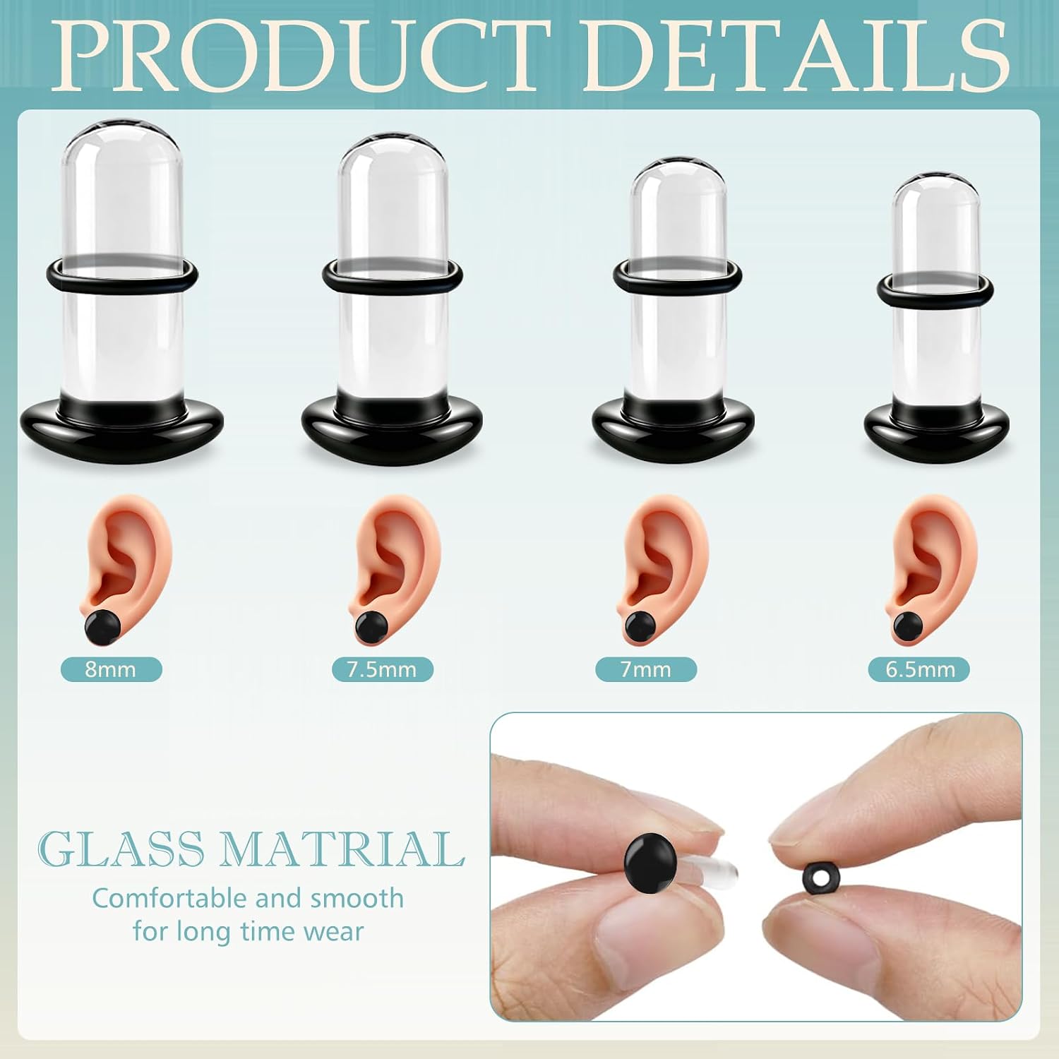 4-12Pcs Glass Ear Stretching Kit 1.6-10mm Plugs for Ears Gauges with O-Rings Single Flare Glass Gauge Stretching Kit Ear Expander Body Piercing Jewelry for Women Men