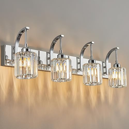 Miniatura 55 de Luces de tocador de cristal cromadas de 4 luces, modernas lámparas de baño de cristal sobre espejo de 32.67 pulgadas de largo para baño Cromo
