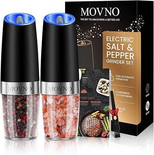 Gravity Electric Salt and Pepper Grinder Set, Battery Powered LED Light One Hand Automatic Operation, Adjustable Coarseness Mill Grinders Shakers A.