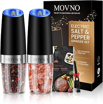Gravity Electric Salt and Pepper Grinder Set, Battery Powered LED Light One Hand Automatic Operation, Adjustable Coarseness Mill Grinders Shakers Black A.Black 2p