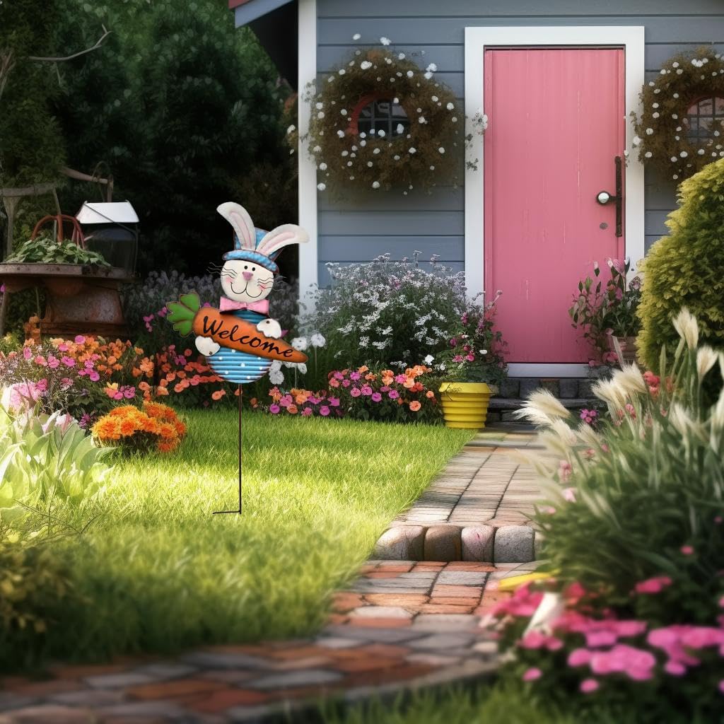 K KILIPES Easter Garden Stakes, 32.25" H Metal Bunny Yard Decor, Welcome Rabbit Yard Sign Outdoor Easter Decoration for Lawn, Porch, Patio, Spring Home Decorations