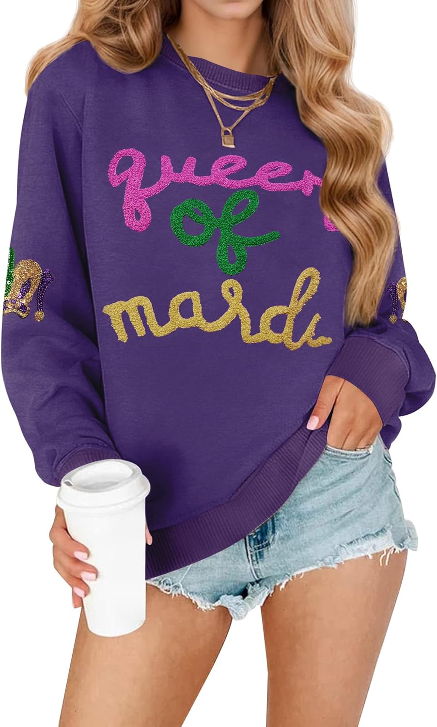 For G and PL Women's Mardi Gras Long Sleeve Crewneck Graphic Sequin Sweatshirt