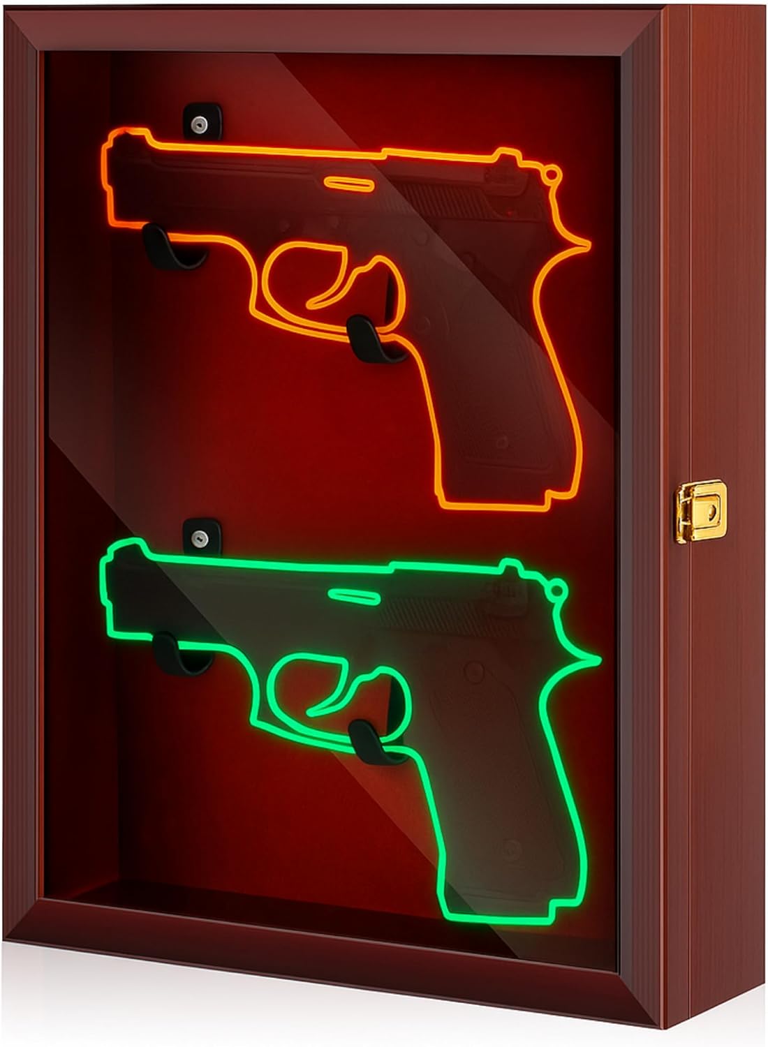 Gun Display Case with Lock Wall Mount Wooden Pistol Display Case W/ 98% UV Protection Acrylic Clear Door Gun Shadow Box Stand Rack Holder for Collection (Reddish Brown,2gun Displaycase)