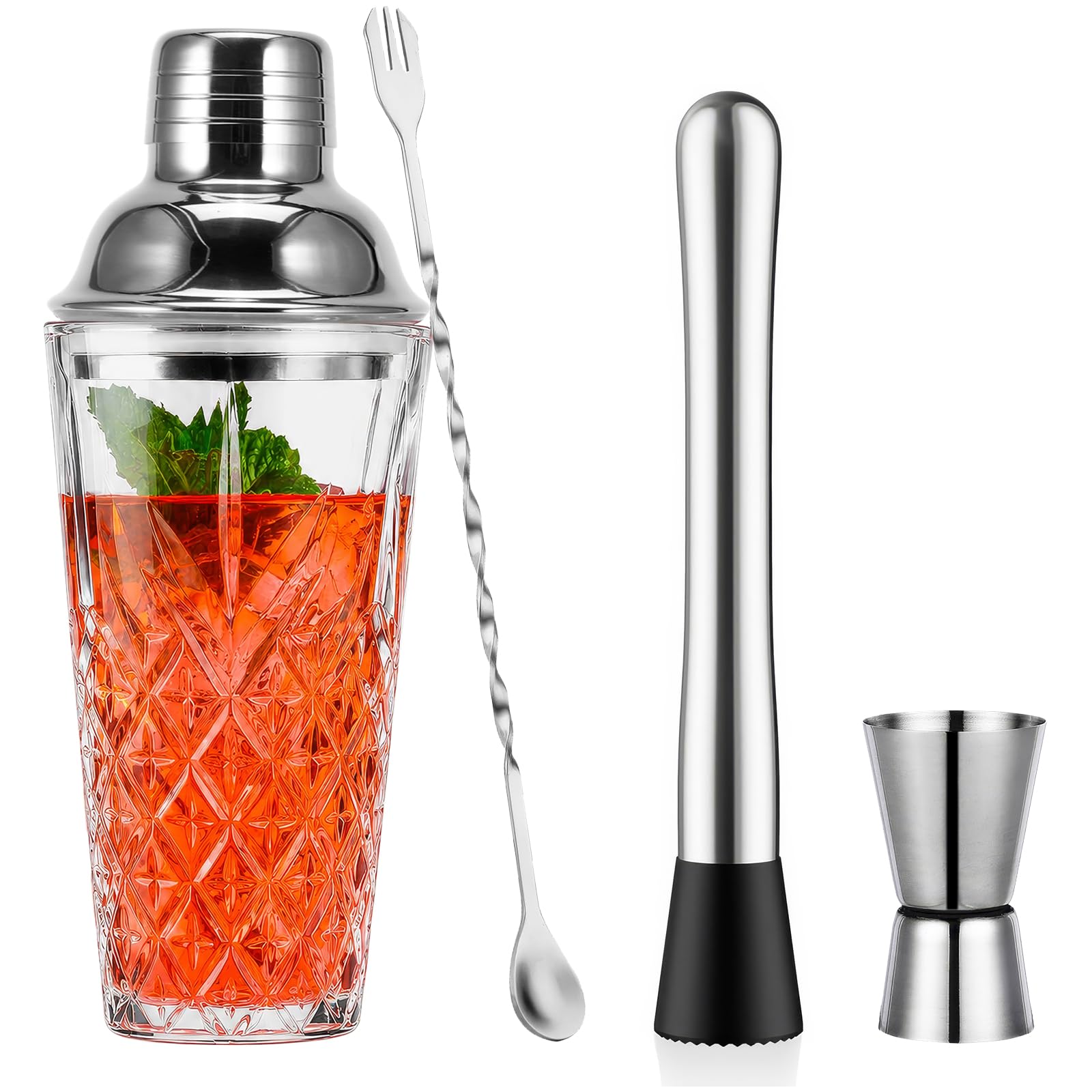 OUZHOU Shaker per cocktail, set da 4 pezzi, shaker da cocktail in vetro con coperchio in acciaio inox, a prova di perdite, shaker per coktail, set con misurino per vino, bastoncini di miscelazione per