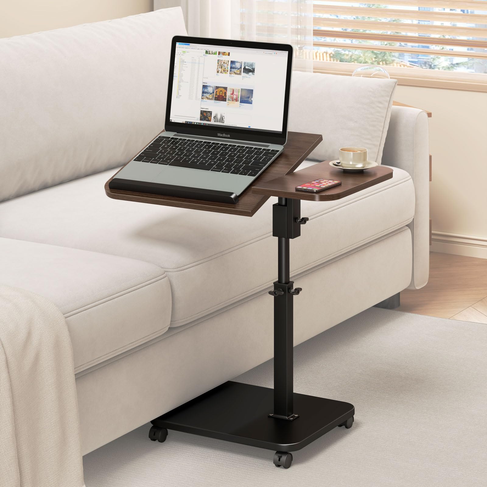 Mesa auxiliar con ruedas regulable en altura, mesa auxiliar de madera en forma de C, rotación de 360°, soporte superior inclinable para ordenador portátil, mesa de TV para sofá, cama, pequeña