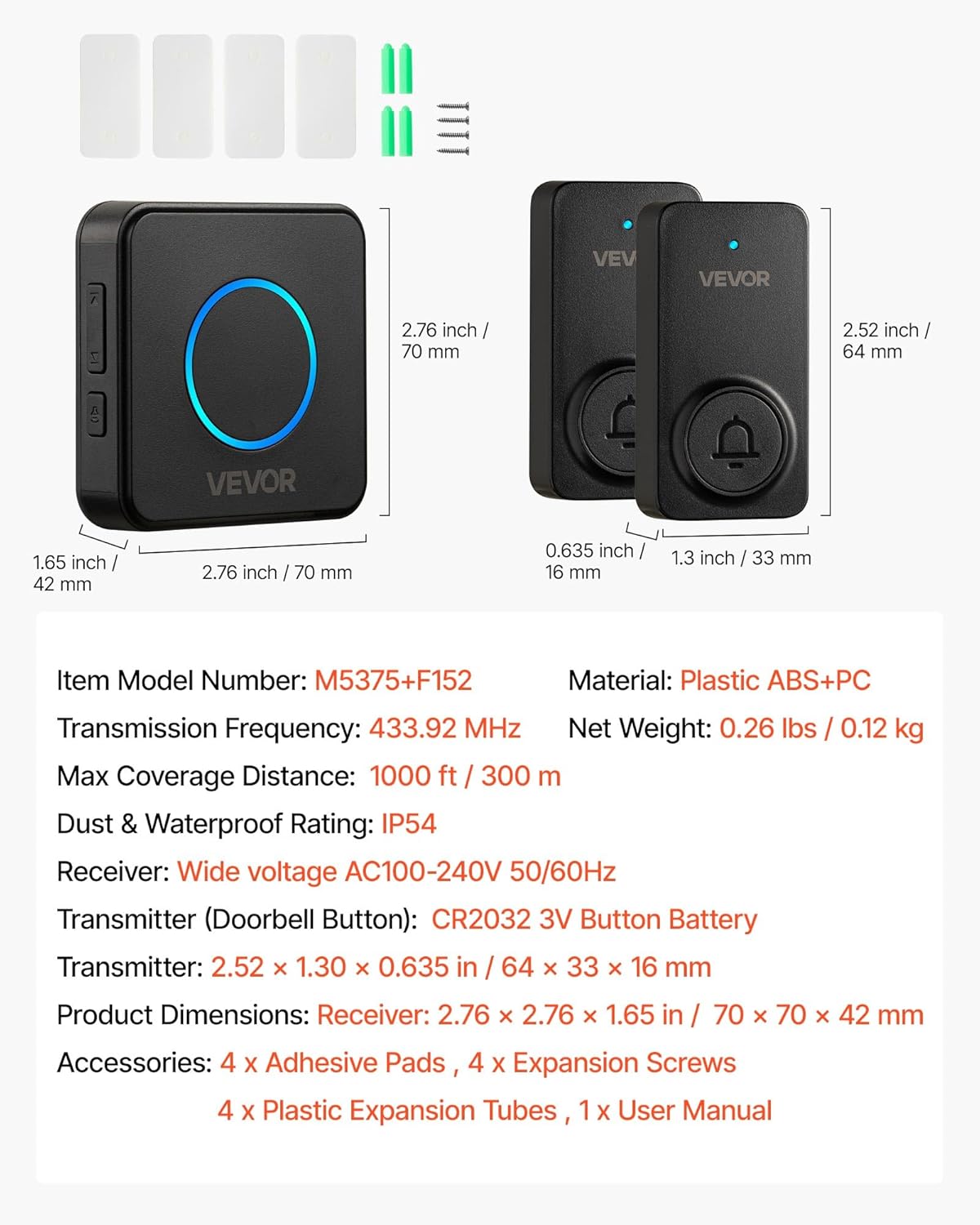 VEVOR Wireless Doorbell Kit, IP54 Waterproof Door Chime Ranges up to 1000 ft, 5 Adjustable Volumes, 48 Ringtones, Easy Installation, Wireless Doorbell Ideal for Home, Doorway, Classroom, Office, Black