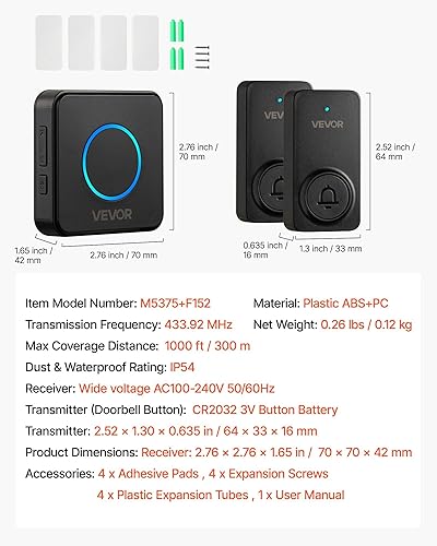 Miniatura 7 de VEVOR Kit de timbre inalámbrico, IP54 resistente al agua con rangos de hasta 1000 pies, 5 volúmenes ajustables, 48 tonos de llamada, fácil