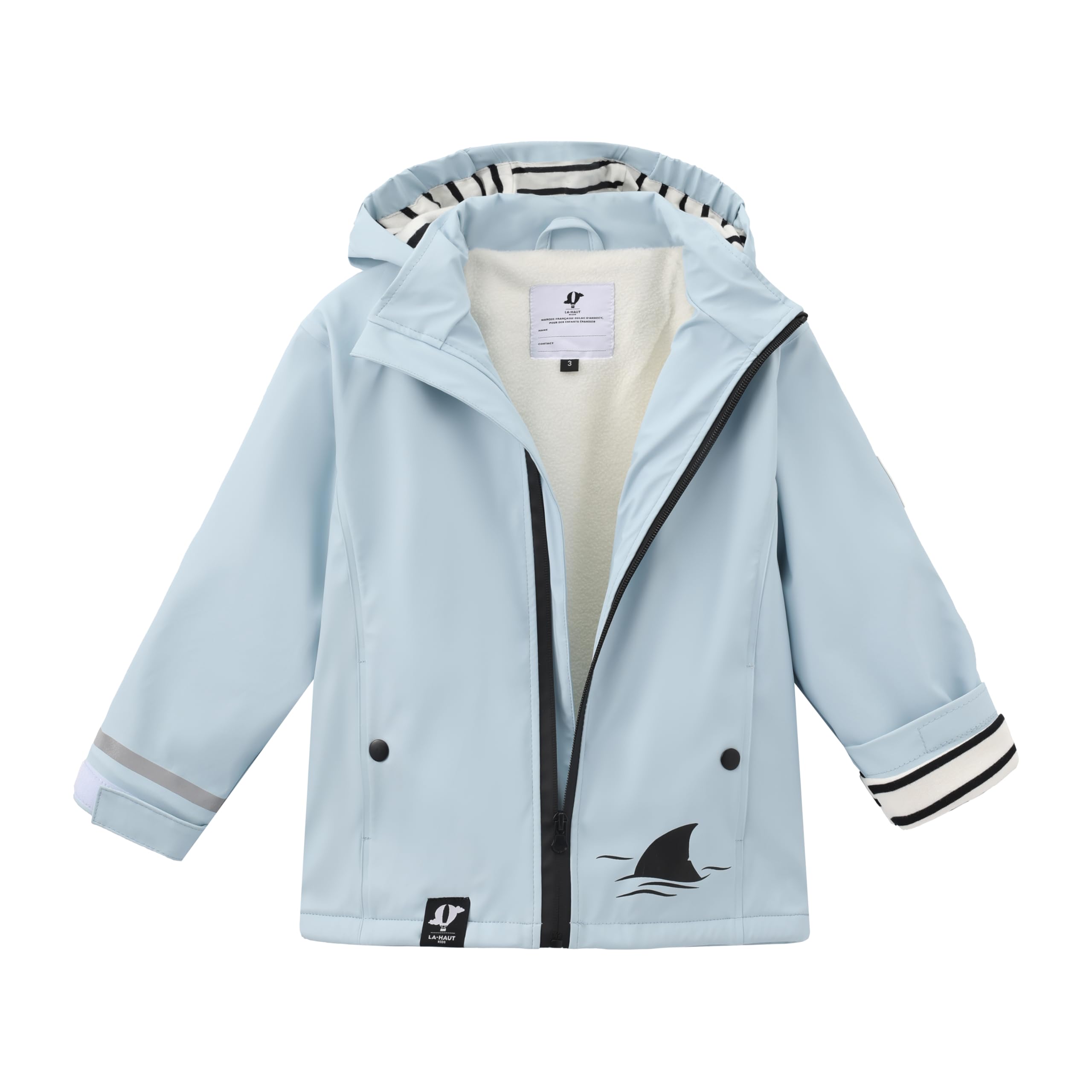 Wasserdichter Mantel für Mädchen und Jungen, mit gestreiftem Futter auf der Kapuze, Innenseite aus Fleece, Reißverschluss, gewachster Marine-Stil