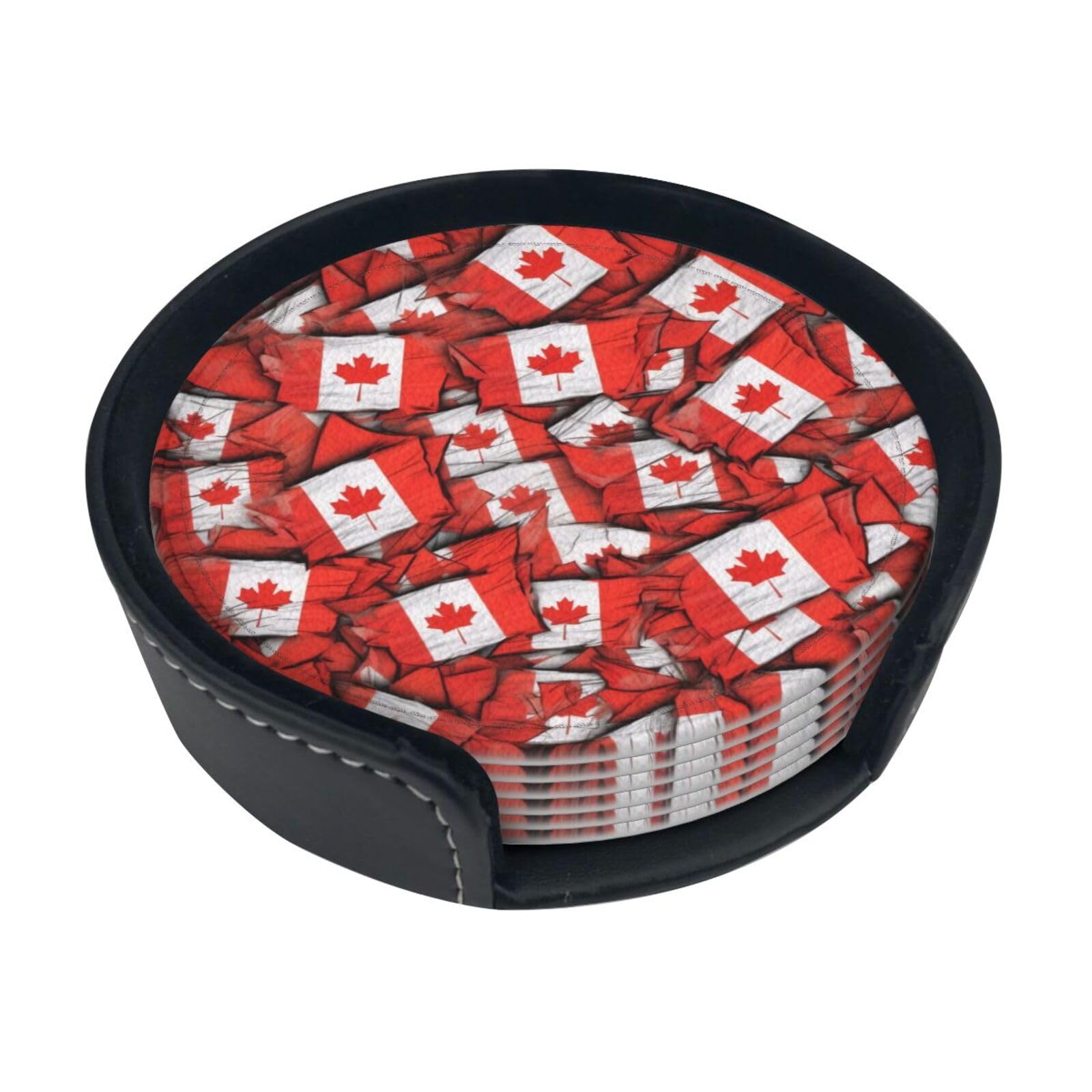 Canadian Flag Round Leather Coasters (6 Pieces) - Drink Coaster Set For Desk, Modern Easy To Clean Home Office & Farmhouse Coasters