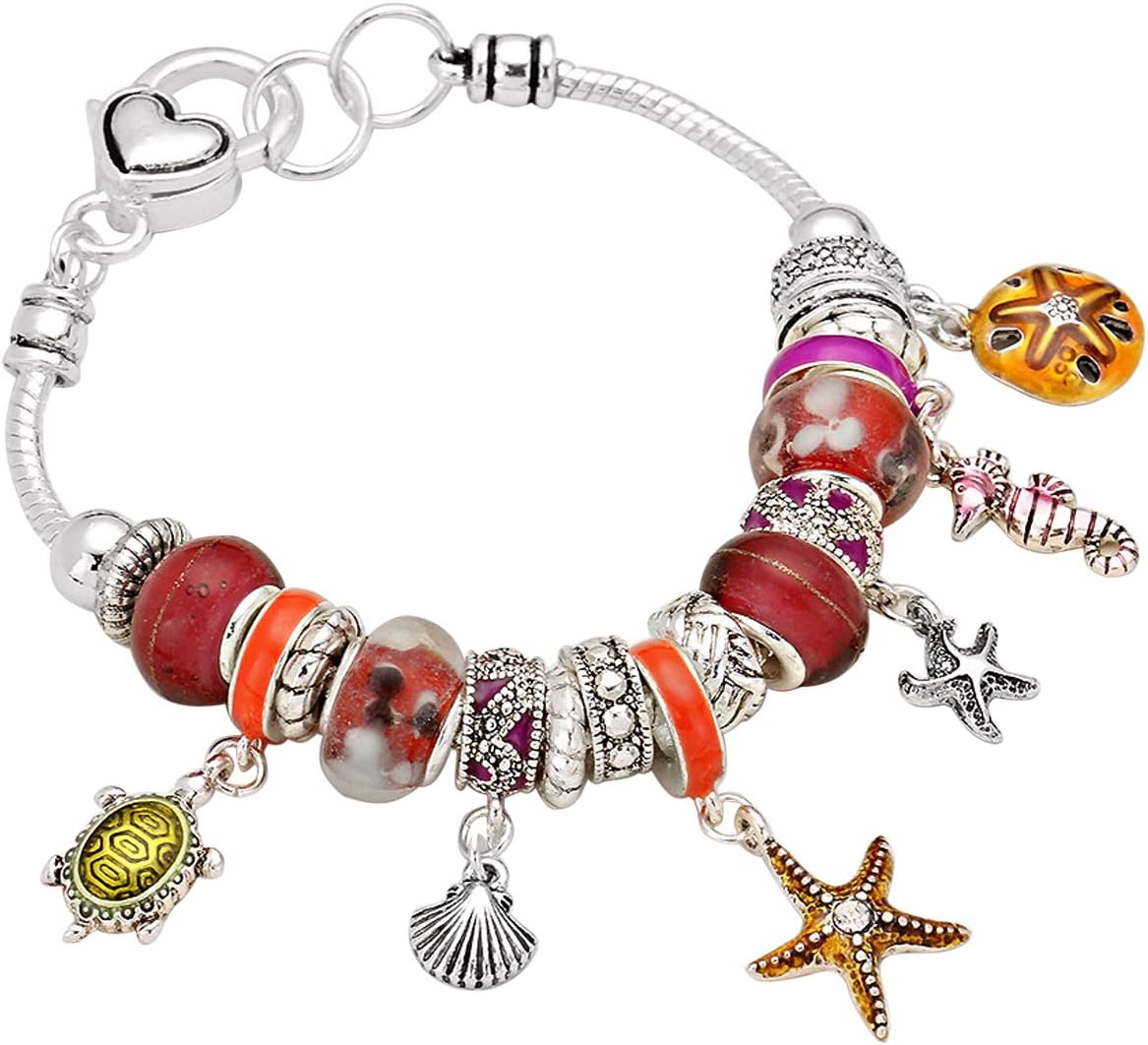 Rosemarie Collections Women's Starfish Seahorse Turtle Glass Bead Beach Charm Bracelet, 7"
