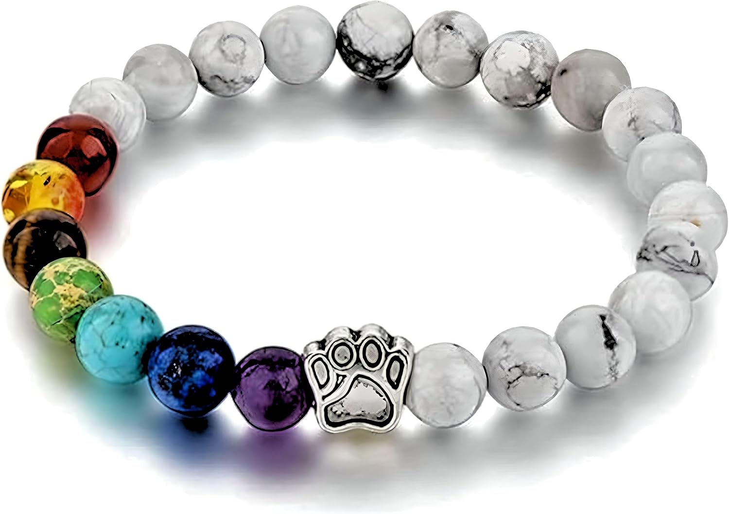 7 Chakra Paw Bracelet for Dog Lovers – Natural Stone Beads with Silver Paw Pendant Show Love for Your Pet