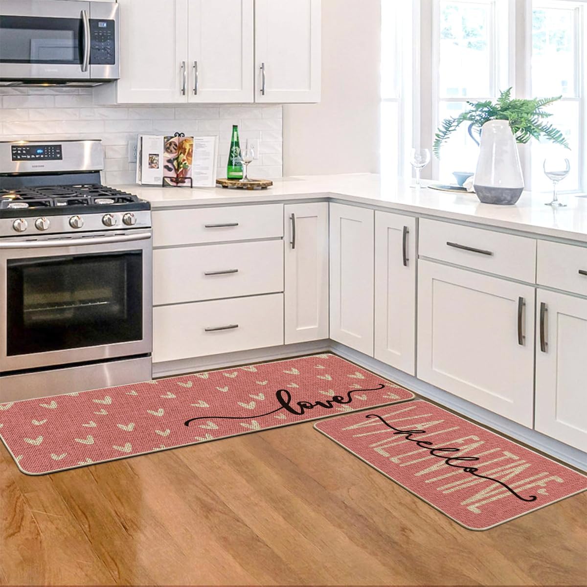 Artoid Mode Pink Love Heart Hello Valentine's Kitchen Mats Set of 2, Home Decor Low-Profile Kitchen Rugs for Floor - 17x29 and 17x47 Inch