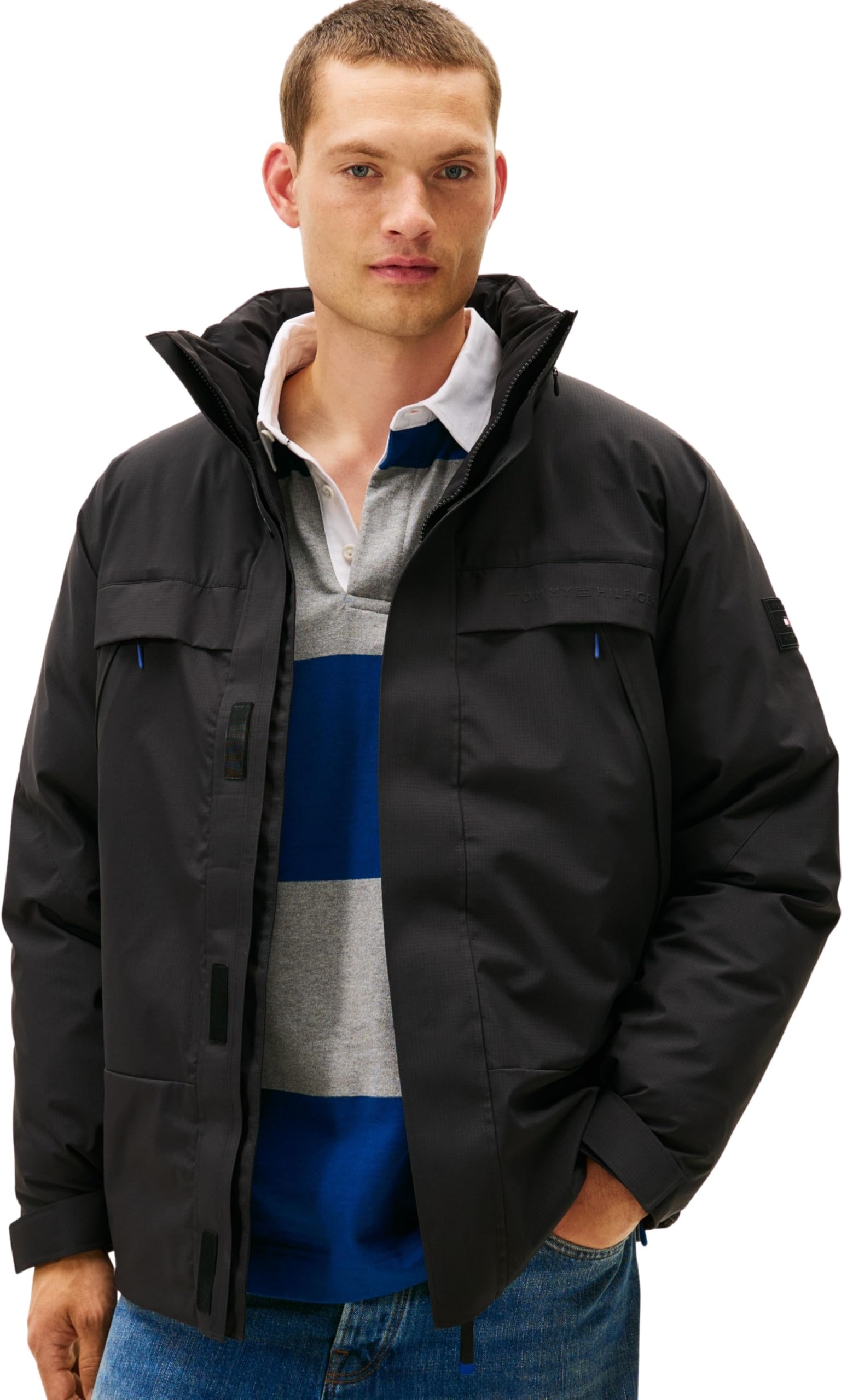 Tommy Hilfiger Men's Tech Padded Windbreaker with Stand Collar, Black (Black), S