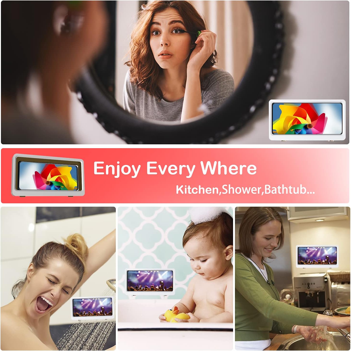 Shower Phone Holder Waterproof,Wall Mount Shower Phone Holder Case with Anti-Fog Touchable Screen for Bathroom Tiles Mirror Bathtub Kitchen