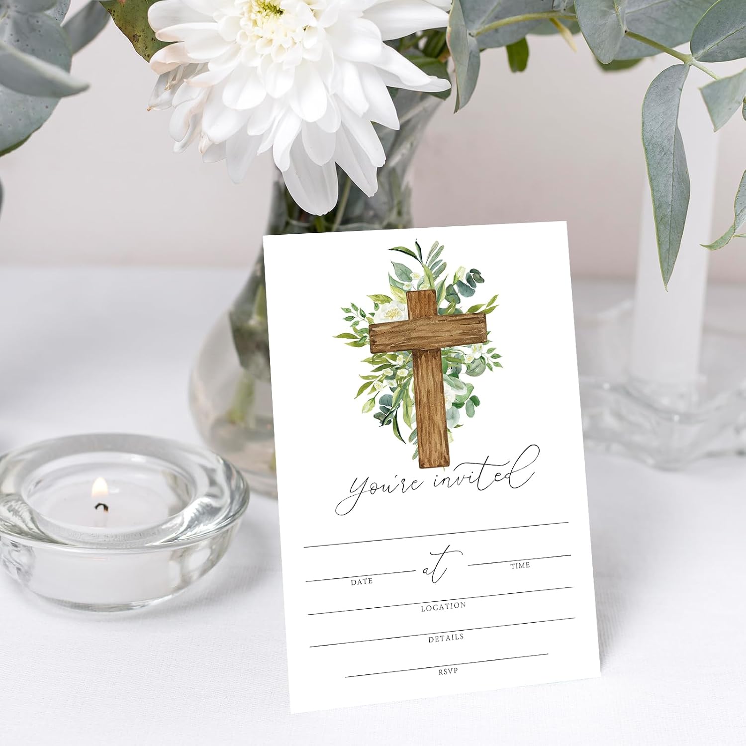 FYSUIMU 25 Sets Funeral Invitation with Envelopes Stickers Cross Eucalyptus Leaves Bereavement Invites Cards for Memorial Service Loved Ones Celebration of Life