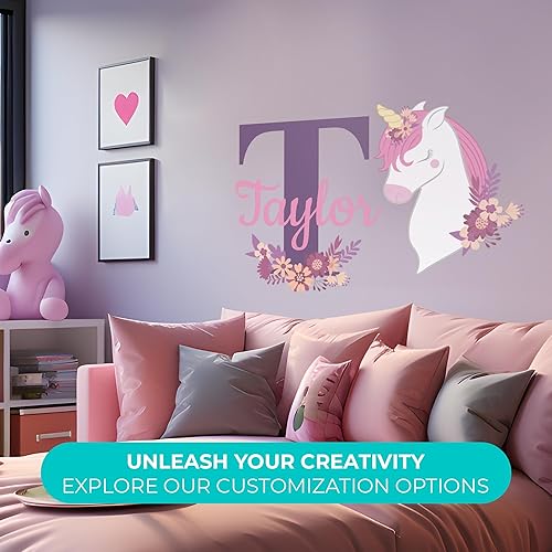Miniatura 2 de EGD Nombre personalizado y unicornio inicial con decoración de pared de flores, calcomanías de pared de unicornio I Fancy Font I Decoración de pared
