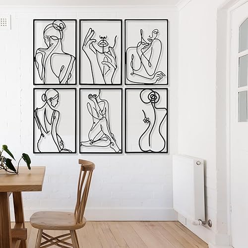 Miniatura 4 de Cindeer Arte abstracto moderno para pared, 6 piezas de escultura colgante de metal, arte de línea femenina para dormitorio, decoración de sala de