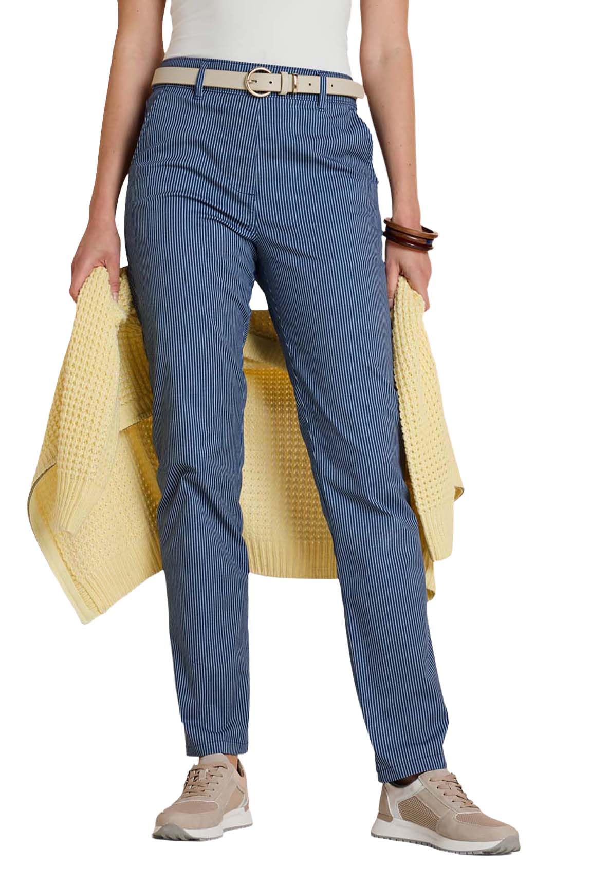 Amber Ladies Stripe Chino Pull‑On Trousers, Stretch Cotton Flat‑Front Chinos with Elasticated Back Waist & Belt Loops, White or Navy Navy 18 Short