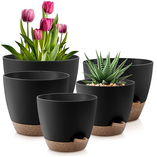 Plant Pots 10/9/8/7.5/7 Inch Self Watering Pots, Set of 5 Plastic Planters with Drainage Holes and Saucers,Plastic Flower Pots,Nursery Planting Pot for Indoor Out Door Plants(Black Brown)