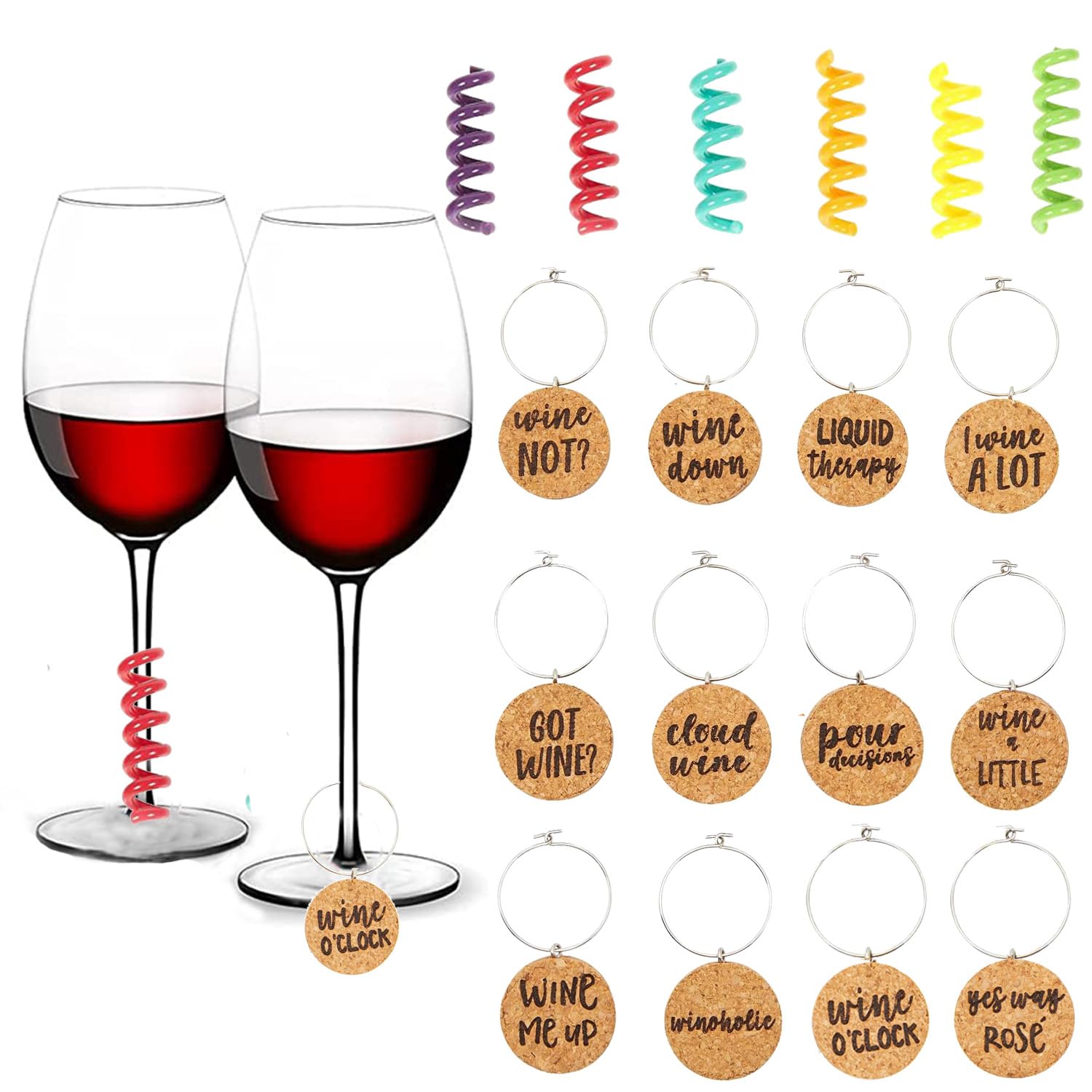 DXYSQRX 18 Pcs Wine Charms for Stem Glasses,Funny Sayings Cork Drink Marker Tags,Multicolored Coil Shaped Silicone Wine Glass Marker Charms