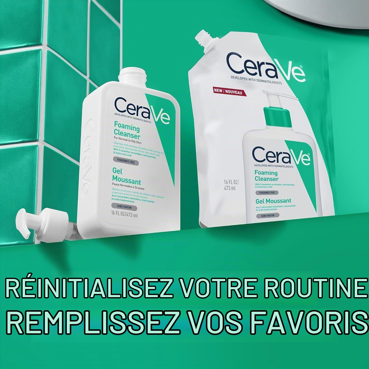 CeraVe Nettoyant moussant avec recharge – Avec acide hyaluronique, niacinamide et 3 céramides essentielles – Gel nettoyant quotidien pour peaux normales à grasses (473 ml + recharge de 473 ml)