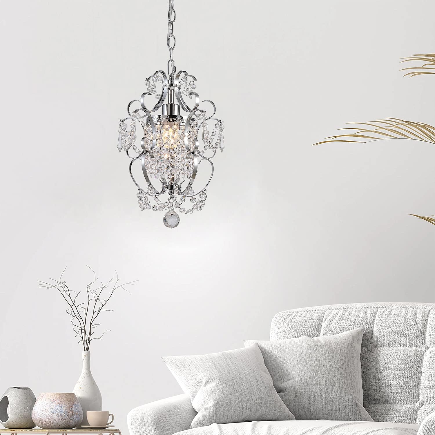 Plug in Chandelier Hanging Lignt Fixture with 14.3 FT Cord and ON/Off Switch,Mini Chrome Crystal Light Fixture for Bedroom,Living Room,Dining Room