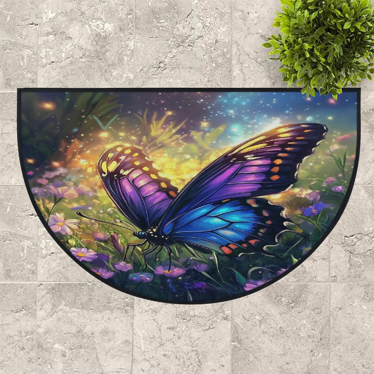 Mexpekil Beau paillasson demi-lune pour intérieur et extérieur - Motif papillon et fleur - Demi-cercle - Tapis de sol antidérapant - Lavable - Attrape la saleté - 100 x 160 cm